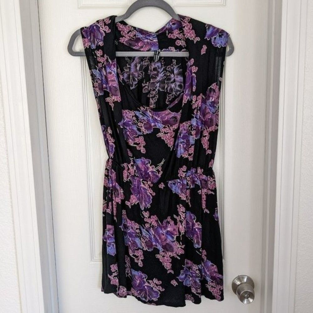 Free People Black Mini Dress with Purple Floral Print